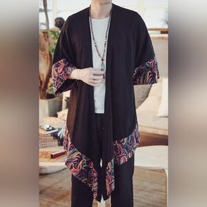 HZCX FASHION Men's Lightweight Linen Kimono Robe Jacket Open Front Long Cardigan